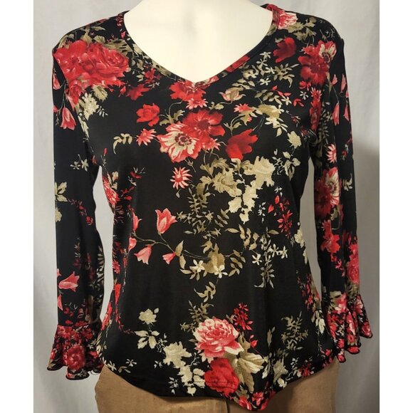 Jaclyn Smith Blouse Size Small 3/4 Sleeve Floral Black & Red V-Neck Lightweight - Picture 1 of 4